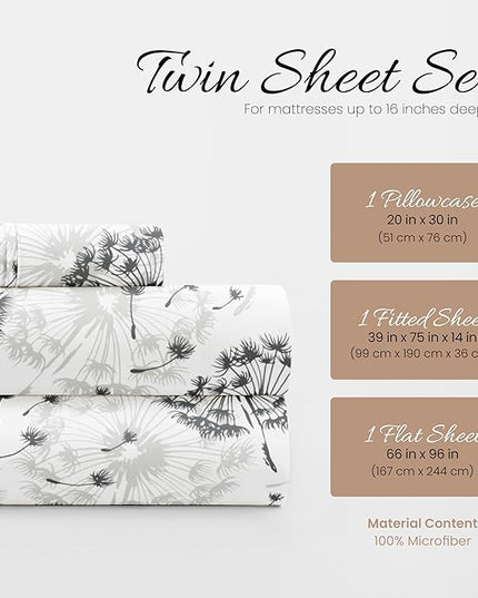 3 Piece Twin Bedding Sheet Set (Gray Floral) - Sleep Better Than Ever with These Ultra-Soft & Cooling Bed Sheets for Your Twin Size Bed - Deep Pocket Fits 16" Mattress - LeafyLoom