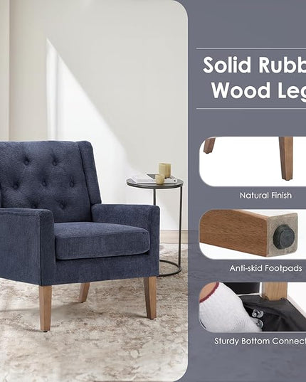 COLAMY Mid-Century Accent Chairs, Modern Wingback Living Room Chair, Upholstered Armchair with Button Tufted Back and Wood Legs for Bedroom/Office/Reading Spaces, Blue - LeafyLoom