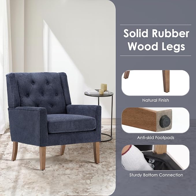 COLAMY Mid-Century Accent Chairs, Modern Wingback Living Room Chair, Upholstered Armchair with Button Tufted Back and Wood Legs for Bedroom/Office/Reading Spaces, Blue - LeafyLoom