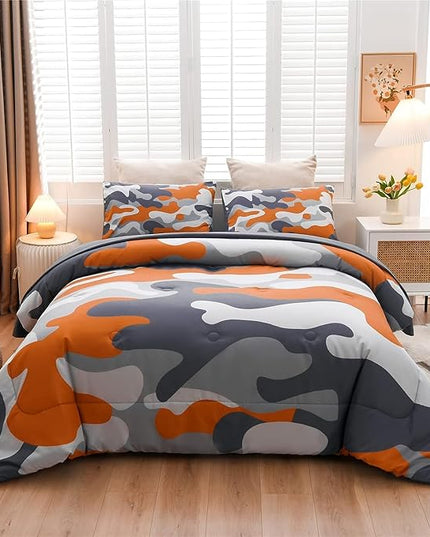 Meeting Story Camouflage Bedding Set, Colorful Pattern Style Comforter Set, 5 PCS One Comforter Two Pillowcases Two Sheets in One Bag, All Season Bedspread for Teens Adults (Orange, Queen 5Pcs) - LeafyLoom