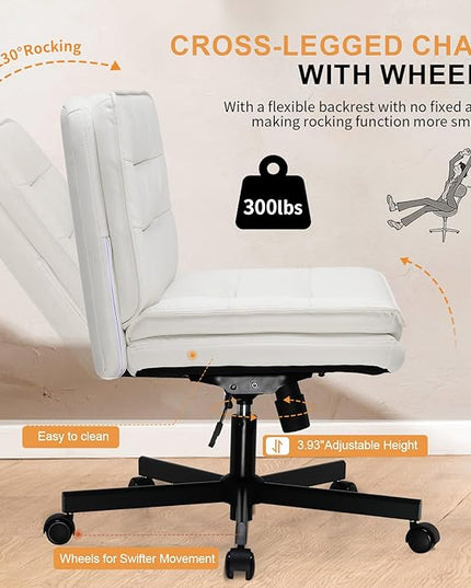 COMHOMA Criss Cross Chair with Wheels, Armless Wide Cross Legged Office Chair Mid Back, Modern Home Office Desk Chair Swivel Adjustable Vanity Computer Chair, Beige - LeafyLoom