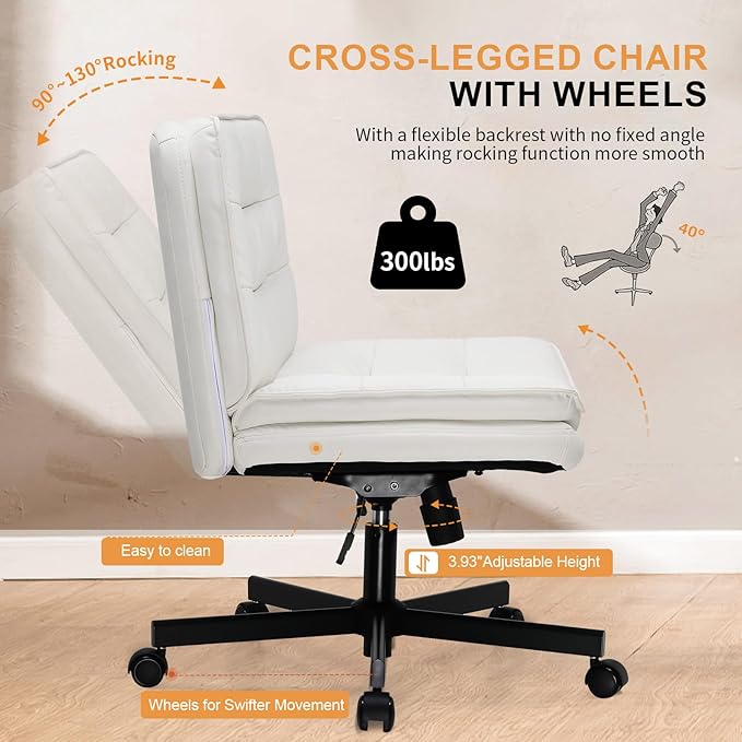 COMHOMA Criss Cross Chair with Wheels, Armless Wide Cross Legged Office Chair Mid Back, Modern Home Office Desk Chair Swivel Adjustable Vanity Computer Chair, Beige - LeafyLoom