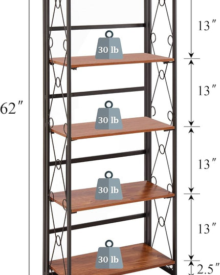 VECELO Folding Bookshelf,5 Tier Bookcase Foldable Easy Assembly, Industrial Book Shelf Storage Organizer with X Metal Frame and Anti-Toppling Design,1 Set - LeafyLoom