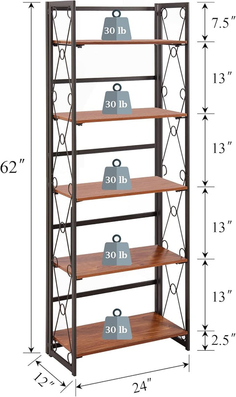 VECELO Folding Bookshelf,5 Tier Bookcase Foldable Easy Assembly, Industrial Book Shelf Storage Organizer with X Metal Frame and Anti-Toppling Design,1 Set - LeafyLoom