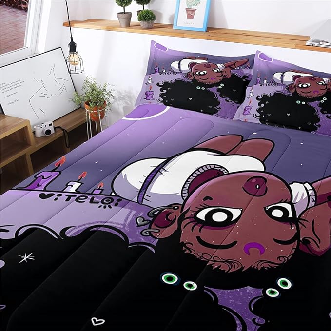Full Bedding Sets for Girls, African American Black Girl Magic Comforter Set with Girl Lay on Bed, Purple Bed Set for Toddler Kids, Little Girls Bedroom Decor, 1 Comforter with 2 Pillowcases - LeafyLoom