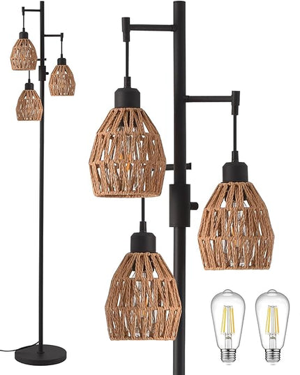 Boho Rattan Floor Lamp - Standing Lamps for Living Room 70'' Dimmable Floor Lamp with Cage Shade, Industrial Farmhouse Floor Lamps Rustic Floor Lamps Vintage Lamp for Living Room Bedroom Office - LeafyLoom