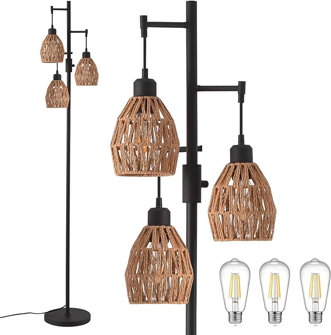 Boho Rattan Floor Lamp - Standing Lamps for Living Room 70'' Dimmable Floor Lamp with Cage Shade, Industrial Farmhouse Floor Lamps Rustic Floor Lamps Vintage Lamp for Living Room Bedroom Office - LeafyLoom