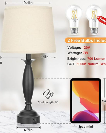 Beige Lamps for Bedrooms Set of 2 - Touch Control Bedside Lamp with USB C+A, 3 Way Dimmable Nightstand Lamps with USB Port, Table Lamp for Living Room(Beige Shade and Black Base) - LeafyLoom