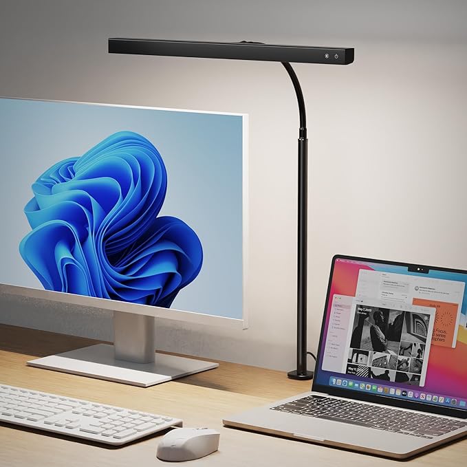 SUPERDANNY LED Desk Lamp for Office Home, Eye-Caring Desk Light with Adjustable Gooseneck, 12W Touch Control Dimmable Brightness, Architect Clamp Lamp with USB Adapter for Reading Study Workbench - LeafyLoom