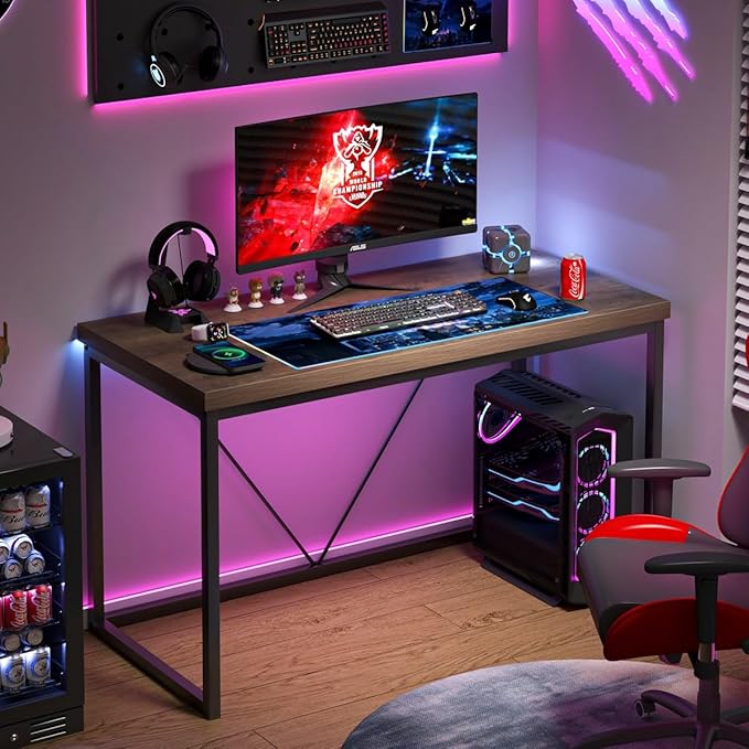 FOLUBAN Modern Home Office Desk, Rustic Wood and Metal Computer Desk, Industrial Study Writing Gaming Table Workstation, Vintage Laptop PC Desk, Oak 47 Inch - LeafyLoom