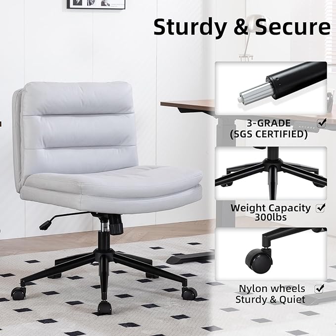 Armless Office Chair with Wheels Wide Desk Chair Leather Mid Back Accent Chair Padded Swivel Vanity Chair for Girl Women Computer Task Chair for Home Office (Suede Fabric, Light Grey) - LeafyLoom