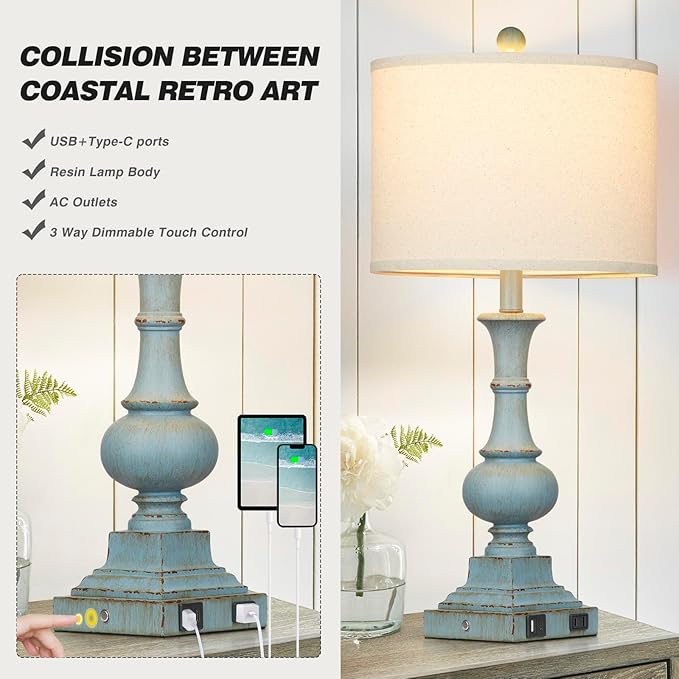 Farmhouse Table Lamps Set of 2, Rustic Touch Control Bedside Lamps with 2 USB Ports & AC Outlet, Vintage Resin 3-Way Dimmable Nightstand Lamp Linen Fabric Shade for Living Room Bedroom Decor Blue - LeafyLoom