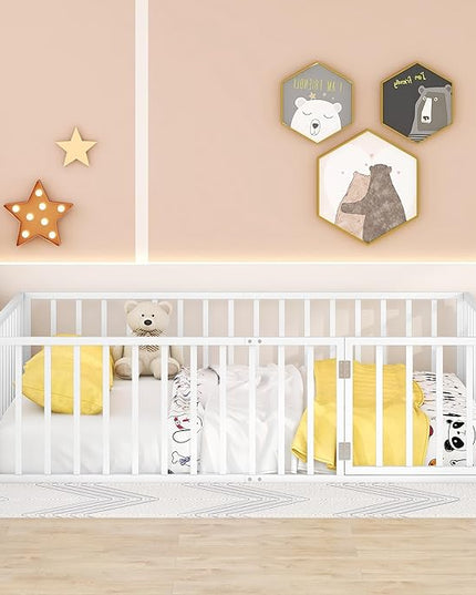 RITSU Queen Size Metal Floor Fence Bed, Montessori Bedframe, with Safety Guardrail and Door, for Children Bedroom, Boys Girls, Apartment, Strong & Durable, Easy to Assemble, White - LeafyLoom