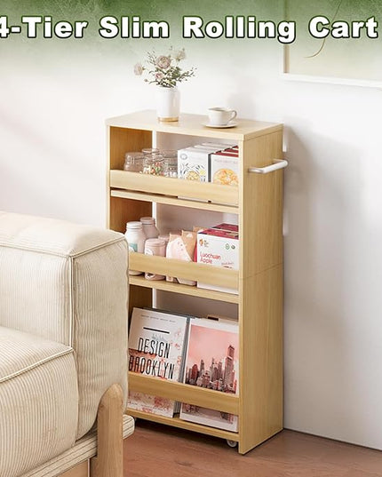 MARTY Rolling Storage Cart 7.9" W, 4-Tier Narrow Kitchen Cart on Wheels Laundry Room Organization with Handle Mobile Shelving Utility Cart Multi-Functional Trolley for Kitchen Bathroom (Maple) - LeafyLoom