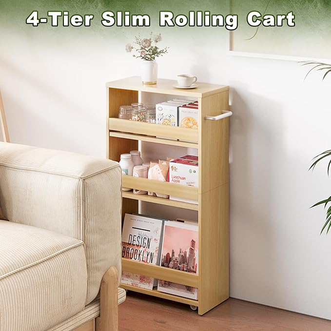 MARTY Rolling Storage Cart 7.9" W, 4-Tier Narrow Kitchen Cart on Wheels Laundry Room Organization with Handle Mobile Shelving Utility Cart Multi-Functional Trolley for Kitchen Bathroom (Maple) - LeafyLoom