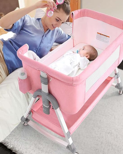 4 in 1 Baby Bassinet, Rocking Bassinets Bedside Sleeper with Comfy Mattress and Wheels, Height Adjustable Easy Folding Portable Bedside Crib for Newborn Infant,Pink - LeafyLoom