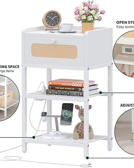 Night Stand set 2, Side Table with Rattan Drawer, Nightstand with Charging Station, Industrial Bedside Table with 3-Tier Storage, White JET003CW2 - LeafyLoom