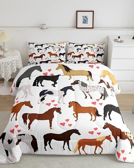 Galloping Horse Comforter Set Full Farm Bedding Set Kids Boys Girls Teens Cute Safari Animal Duvet Set Cartoon Horses with Pink Lover Heart Decor Kawaii Lightweight Cowboy Cowgirls Down Comforter - LeafyLoom