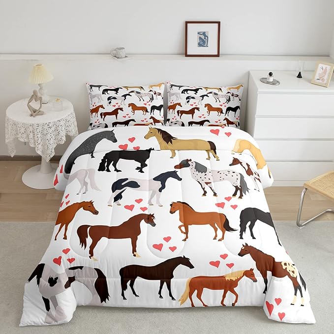 Galloping Horse Comforter Set Full Farm Bedding Set Kids Boys Girls Teens Cute Safari Animal Duvet Set Cartoon Horses with Pink Lover Heart Decor Kawaii Lightweight Cowboy Cowgirls Down Comforter - LeafyLoom