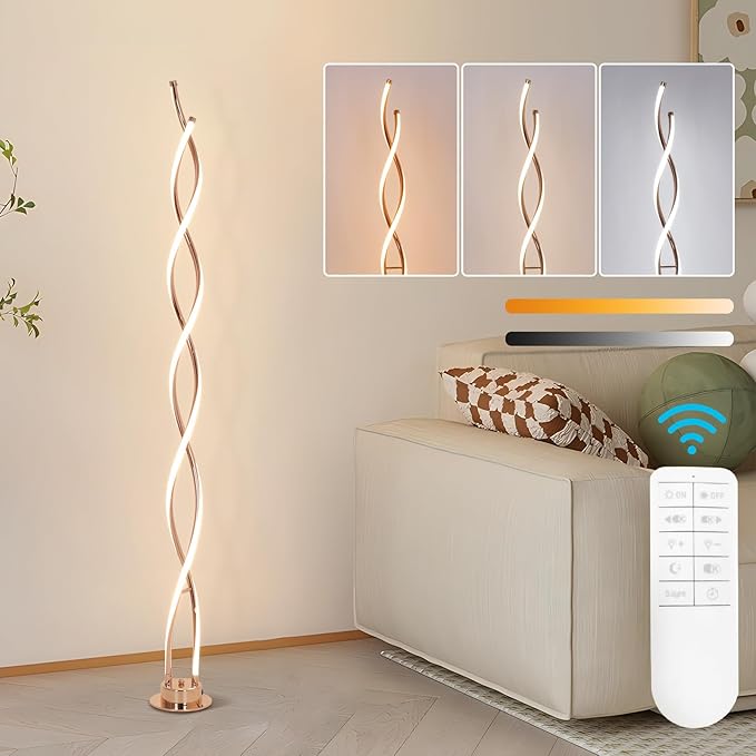 ADISUN 31W Modern Floor Lamp, LED Spiral Floor Lamp for Living Room, 3-Color Dimmable Standing Floor Lamp with Remote Control, 58" Tall Floor Lamp for Living Room Bedroom Office Dining Room (Gold) - LeafyLoom