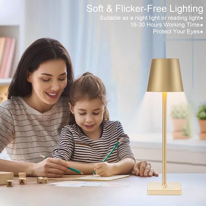 2 Pack Cordless Table Lamp Rechargeable LED Desk Lamp 5200mAh Aluminum Shell Battery Lamps Stepless Dimmable Portable Table Lights for Dinner/Restaurant/Outdoor IP54 Waterproof Gold - LeafyLoom