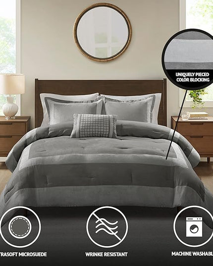 Madison Park Darcey Cozy Comforter Set, Faux Suede, Deluxe Hotel Styling All Season Down Alternative Bedding Matching Shams, Decorative Pillow, Full/Queen(90 in x 90 in), Border Grey 4 Piece - LeafyLoom