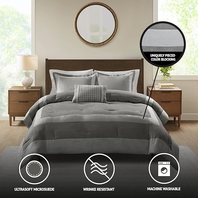 Madison Park Darcey Cozy Comforter Set, Faux Suede, Deluxe Hotel Styling All Season Down Alternative Bedding Matching Shams, Decorative Pillow, Full/Queen(90 in x 90 in), Border Grey 4 Piece - LeafyLoom