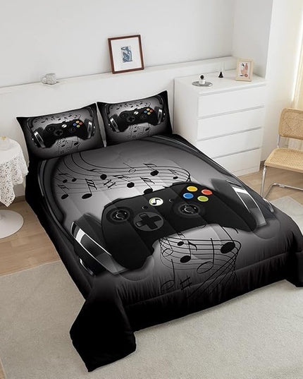 Gamer Comforter Set King Size,Black Grey Headphones Musical Design Games Gamepad Bedding Set for Kids Boys Video Game Room Decor Retro Playing Gamer Down Comforter Gaming Controller Quilted Duvet Set - LeafyLoom