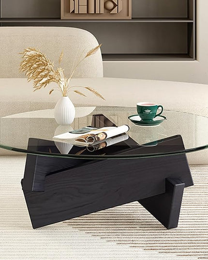 Coffee Table, Round Coffee Table for Living Room Modern Glass Coffee Table with Solid Wood Legs Farmhouse Mid Century Center Table Large Circle Cocktail Table (Black + Transparent, 35.4in) - LeafyLoom