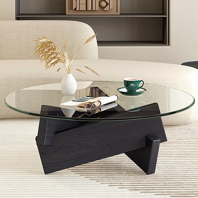 Coffee Table, Round Coffee Table for Living Room Modern Glass Coffee Table with Solid Wood Legs Farmhouse Mid Century Center Table Large Circle Cocktail Table (Black + Transparent, 35.4in) - LeafyLoom