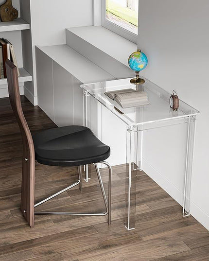 HMYHUM Small Acrylic Desk for Small Spaces, 31.5" L x 19.7" W x 29.5" H, Clear Desk for Home Office for Laptop, Study, Writing, Vanity Table with Rectangular Legs, Modern, Easy Assembly - LeafyLoom