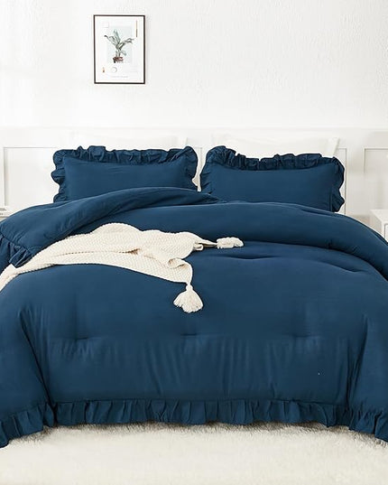 Andency Navy Blue Queen Comforter Set, 3 Pieces Boho Lightweight Solid Bedding Sets for Queen Bed, Fluffy Soft Double Women Men Microfiber Bedding Set - LeafyLoom