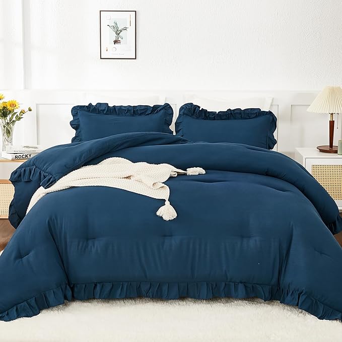 Andency California King Comforter Set Navy Blue, 3 Pieces Cal King Solid Ruffle Shabby Chic Bedding Comforter, Oversized Lightweight Soft Microfiber Bed Comforter - LeafyLoom