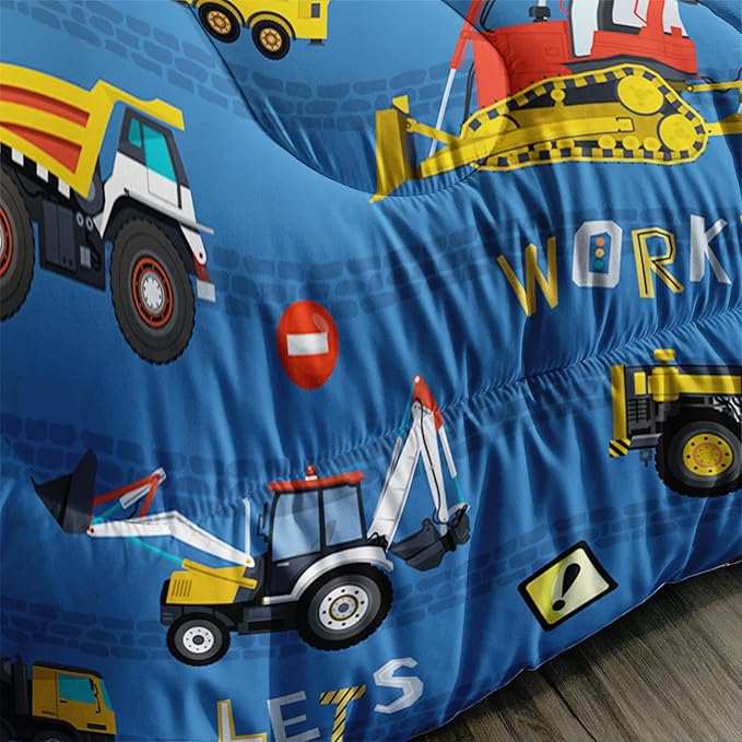 Axolotl Tractor Truck Bedding Set Queen,Excavator Comforter Set,Vehicles Truck Comforter,Boys Bedding Machinery Truck Comforter Construction Site Decor for Kids Boys Teens,1 Quilt 2 Pillowcases,Blue - LeafyLoom