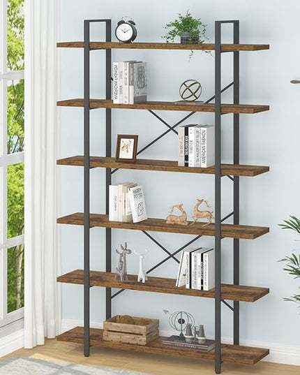 HSH 6 Shelf Tall Bookcase, Industrial Modern Large 6 Tier Bookshelf, Open Wood and Metal Display & Storage Rack,Farmhouse Bookcases and Book Shelves 6 Shelf for Bedroom Living Room Office,Rustic Brown - LeafyLoom