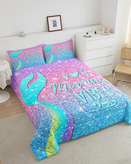 Girls Mermaid Tail Comforter Set Full Kawaii Coastal Fish Scales Bedding Set Glitter Star Galaxy Comforter Blue Pink Pastel Ombre Set Princess Bed Set Ocean Animal Quilt Duvet 2 Pillowcases Teal - LeafyLoom