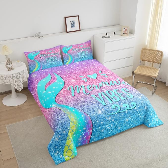 Girls Mermaid Tail Comforter Set Full Kawaii Coastal Fish Scales Bedding Set Glitter Star Galaxy Comforter Blue Pink Pastel Ombre Set Princess Bed Set Ocean Animal Quilt Duvet 2 Pillowcases Teal - LeafyLoom