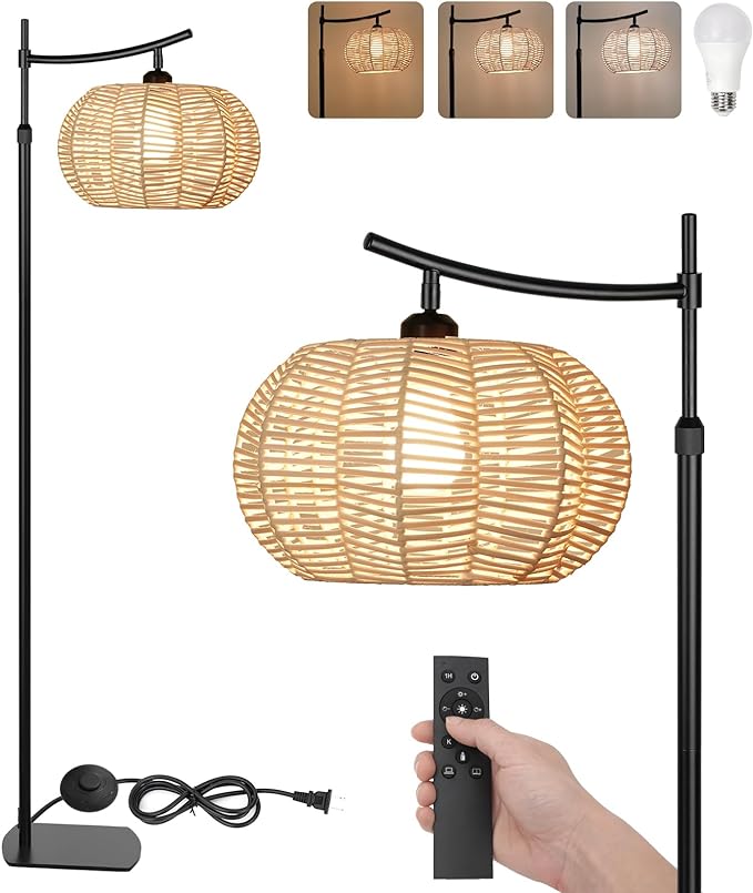 Arc Boho Farmhouse Black Floor Lamp, Standing Lamp with Rattan & Fabric Double Shade with Remote Control, Dimmable LED Bulb with 9 Color Temperature, Tall Pole for Living Room Bedroom Corner Office - LeafyLoom