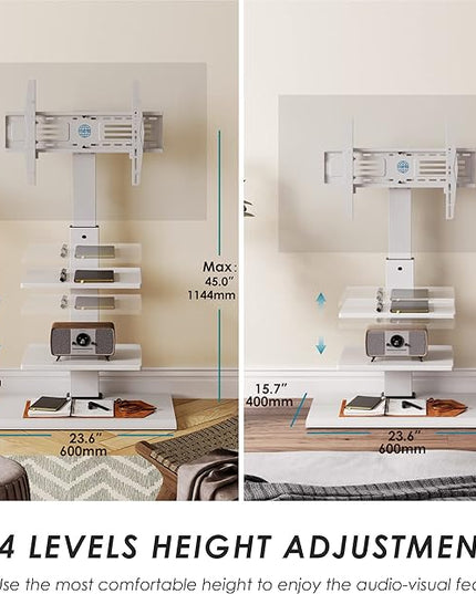 FITUEYES Iron Base Universal Floor TV Stand Corner Swivel Tilt Mount for 32-75 Inch TVs with Height Adjustable Entertainment Shelves Wire Management (White) - LeafyLoom