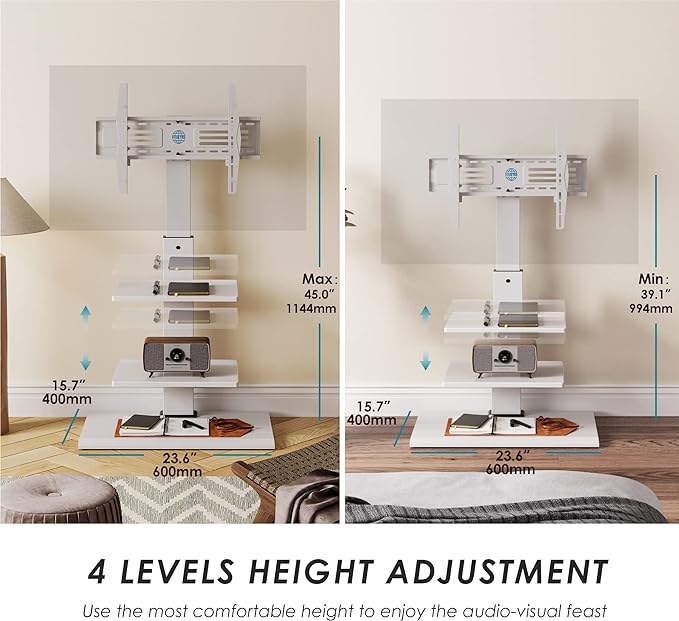 FITUEYES Iron Base Universal Floor TV Stand Corner Swivel Tilt Mount for 32-75 Inch TVs with Height Adjustable Entertainment Shelves Wire Management (White) - LeafyLoom