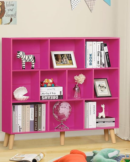 LEYAOYAO 10 Cube Bookshelf,3 Tier Modern Wide Bookcase with Legs,Mid-Century Wood Bookshelves Storage，Pink Large Book Case,Freestanding Organizer Display Shelf for Bedroom,Living Room,Office - LeafyLoom