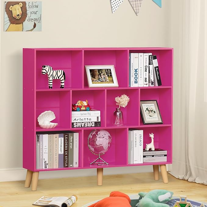 LEYAOYAO 10 Cube Bookshelf,3 Tier Modern Wide Bookcase with Legs,Mid-Century Wood Bookshelves Storage，Pink Large Book Case,Freestanding Organizer Display Shelf for Bedroom,Living Room,Office - LeafyLoom