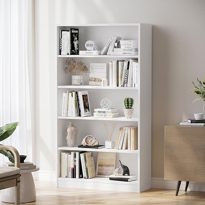 Soohow White Bookcase,Bookshelf for Bedroom,60 inches Tall Wood Book case Book Shelves,5 Shelf Book Shelves for Living Room Office - LeafyLoom