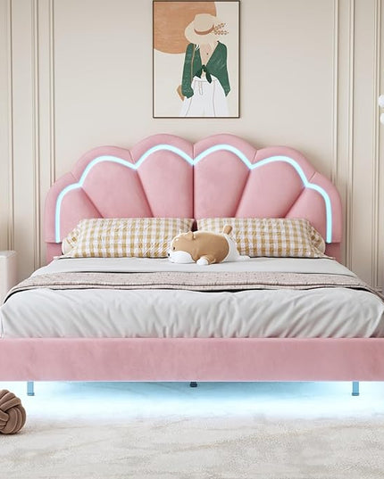 Queen Upholstered Smart LED Bed Frame with Elegant Flowers Headboard, Floating Velvet Platform LED Bed with Wooden Slats Support, No Box Spring Needed, Easy Assembly, Pink - LeafyLoom