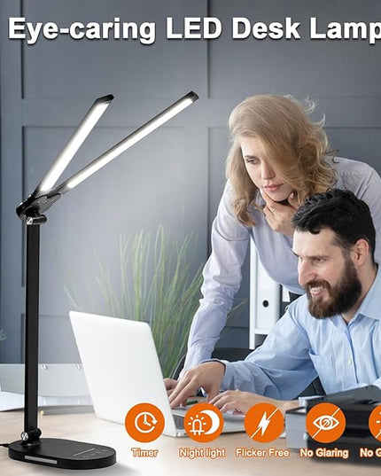 Doule Head Desk Lamp, Dimmable Desk Light, Adjustable Reading Lamps, Eye-Caring Table Lamp, Multi-Angle Adjustable and Foldabel Design Table Lamp - Black - LeafyLoom