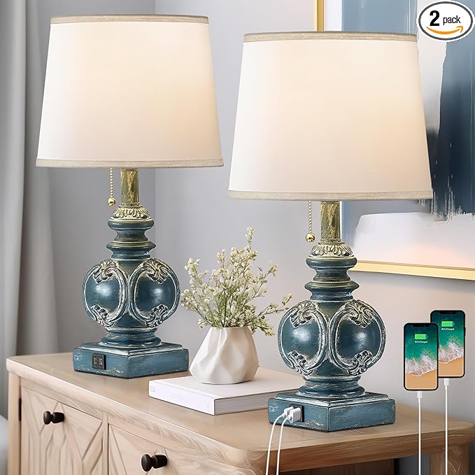 20.75" Farmhouse Table Lamps for Bedroom Set of 2, Rustic Bedside Lamps with 2 USB Port, Retro side table lamp Antique Nightstand Lamp for Living Room End Table Office Country, Traditional Washed Blue - LeafyLoom