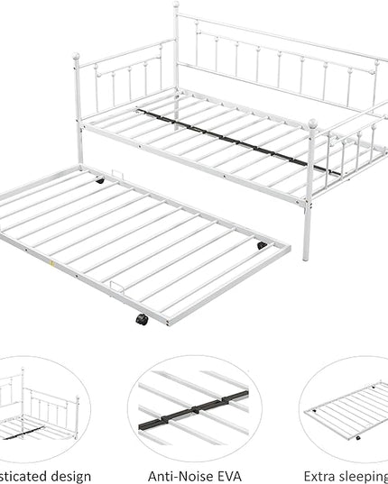 Twin Size Metal-Daybed with Trundle,Heavy-Duty Sturdy Metal,Noise Reduced,Trundle-Bed for Flexible Space,Vintage Style,No Box Spring Needed,for Kids Boys Girls Teens,Light Grey - LeafyLoom