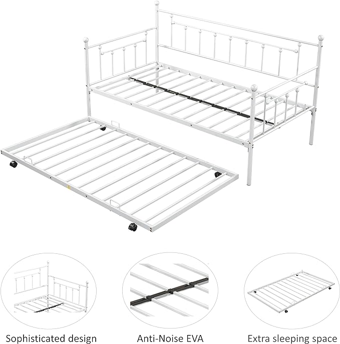 Twin Size Metal-Daybed with Trundle,Heavy-Duty Sturdy Metal,Noise Reduced,Trundle-Bed for Flexible Space,Vintage Style,No Box Spring Needed,for Kids Boys Girls Teens,Light Grey - LeafyLoom