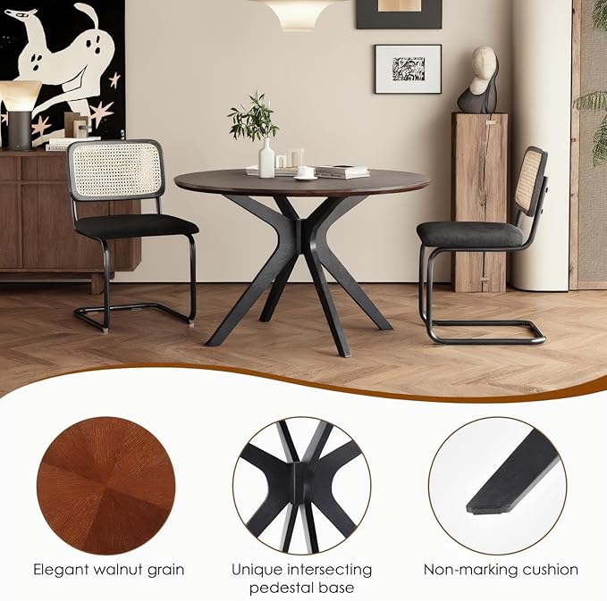 Soohow 47.2'' Round Dining Table Dining Room Table for 4-6 People,Kitchen Table Round Solid Wood Dining Table with Intersecting Pedestal Base,Walnut/Black - LeafyLoom