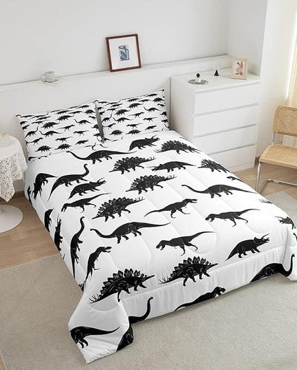 Erosebridal Dinosaur Comforter Set Dino Silhouettes Bedding Set Queen Size, Wildlife Animals Black White Duvet Sets for Kids Boys Teens Adult Bedroom Decor Dinosaurs Comforter with 2 Pillow Cases - LeafyLoom